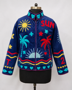 Veste bomber en velours côtelé brodée à la main, col mandarin, manches longues, fermeture éclair, style vacances d'été, veste pour femme - Product Image 1
