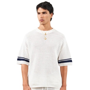 Camiseta de punto de ganchillo con rayas en contraste, blanca, de manga corta, tejido texturizado, informal de verano, transpirable, con cuello redondo. - Product Image 4