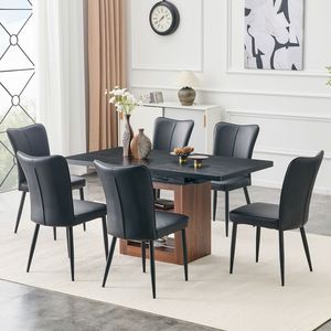 Tavolo da Pranzo Espandibile 59-71 Pollici con Funzione Estraibile Abbinato a 6 Sedie Nere in PU Design a Righe Verticali Set Sala da Pranzo - Product Image 3