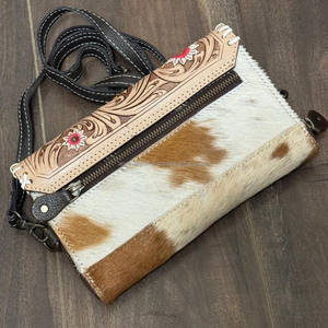 Cartera de mano de cuero de vaca con estampado floral personalizada con correa de cuero de vaca genuino multicompartimento Sling Bag para mujer - Product Image 5