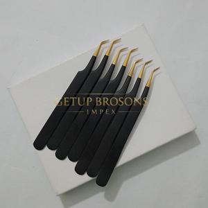 Pince à épiler pour extensions de cils en acier inoxydable dentelé à 45 degrés, revêtement noir mat, poignée dorée, logo personnalisé, beauté - Product Image 3