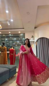 Women Pink Georgette Sequence Embroidered Anarkali Gown Dupatta Regular Length Traditional Ethnic Party <b>Wedding</b> Maxi <b>Dress</b> - Product Image 3
