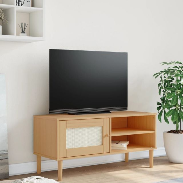 Senja Solid Wood Pine Tv Stand 41.7 X 15.7 X 19.3 Inches Rattan Look Brown Modern Scandinavian Design Storage Living Room