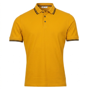 เสื้อโปโลแขนสั้นผู้ชายสีกรมท่า ผ้าถัก สีพื้น กระดุมติด ปกและปลายแขนเสื้อลายทาง สไตล์ลำลอง - Product Image 4