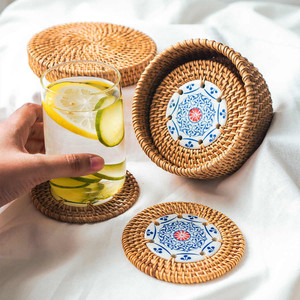 Catering Accessories Rattan Ceramic <b>Coasters</b> Natural Dinning <b>coaster</b> <b>Set</b> and Holder Box with Custom Printed logo - Product Image 2
