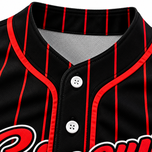 Maillot de baseball Sinewy pour homme, personnalisable avec nom et numéro, rayures rouges et noires, sublimé, anti-humidité, manches courtes, coupe classique pour adulte - Product Image 4