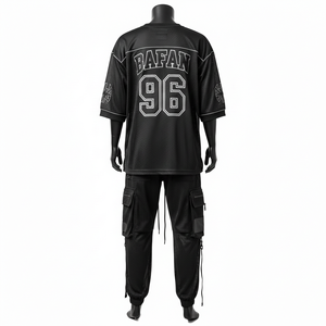 Ensemble de vêtements de sport pour homme en maille polyester haute qualité 180 GSM, maillot et pantalon cargo, noir, logo personnalisé, 2 pièces - Product Image 2