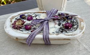 Handmade Oval Wooden Bowl With Dried Flowers And Purple <b>Ribbon</b> Home Decoration Vessel - Product Image 3