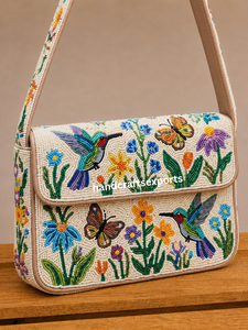 Sac à bandoulière de luxe fait main avec perles et rabat magnétique |   Design floral colibri |   Coffret de perles de rocaille portables de qualité supérieure pour femmes - Product Image 3