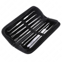Ensemble professionnel de 9 outils d'extraction des points noirs et de l'acné en acier inoxydable, kit de suppression des comédons avec étui en cuir de qualité supérieure
