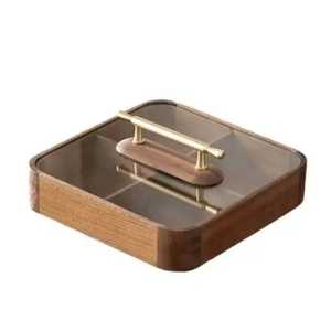 Round Acacia Wood 4 Compartment Rotating Spice Box with Glass Lid Gold Knob 2 Tier Desktop Makeup Jewelry Organizer - Product Image 2