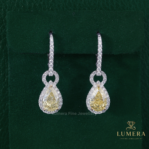 Premium Fancy Yellow Pear Lab Grown <b>Diamond</b> <b>Dangle</b> <b>Earrings</b>, Teardrop Halo Cluster With Pave And Secure With Prongs Jewelry - Product Image 1