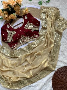 Sari Fendy Sartin très doux et élégant, au look riche, avec de magnifiques broderies et des motifs de sequins de 3 mm sur toute la bordure du sari. - Product Image 4