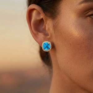 Swiss <b>Blue</b> Topaz Gemstone & Real Diamond <b>Stud</b> <b>Earrings</b> Cushion Cut Halo Design Rhodium Plated Solid Gold <b>Stud</b> <b>Earrings</b> For Women - Product Image 2