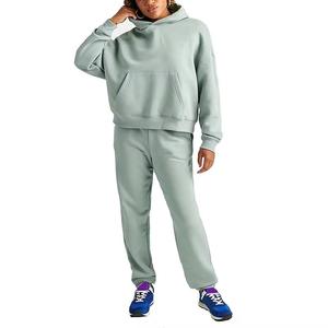 Ensemble de survêtement pour femme, sweat-shirt à capuche gris clair, couleur unie, coupe ample décontractée, 100% coton, vêtements d'automne - Product Image 1