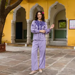 Ensemble bohème pour femmes, broderie florale en coton, manches longues, pantalon ample, tenue printemps été - Product Image 5