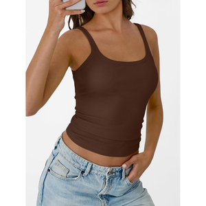 Women's Brown Ribbed Spaghetti Strap Tank <b>Top</b> Scoop Neck Casual Knitted Solid Color Cotton Spandex Blend Breathable 180g - Product Image 5