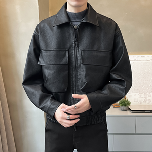 PU Leather <b>Jacket</b> <b>Men</b> Zip Up Bomber Coat Turn-Down Collar <b>Utility</b> Pockets Casual Outerwear - Product Image 4