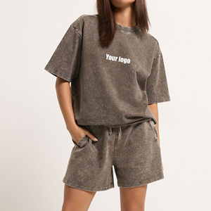 OEM/ODM 100% Cotton Acid Wash Lace Women's Knee Short <b>Set</b> Custom Embroidered Logo Oversized Regular Fit Streetwear 2 Piece <b>Set</b> - Product Image 4