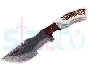Magnifique couteau tracker artisanal en acier Damas avec manche en bois de cerf - Couteau de chasse et de survie à lame fixe - Étui de transport horizontal - Product Image 4