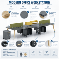 Poste de travail de bureau pour 6 personnes, bureau moderne avec cloisons, glissières silencieuses et meuble de rangement pour espace de travail ouvert en équipe
