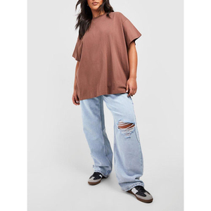 Custom <b>Women</b> Oversized <b>Loose</b> Fit Short Sleeve Crew Neck T-<b>Shirt</b> Solid Color 100% Cotton Jersey Breathable Drop Shoulder Style - Product Image 4