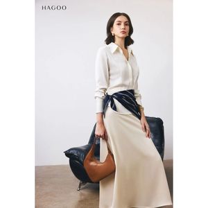 Blusa de Seda Satinada de Manga Larga para Mujer HAGOO con Cinturón, Elegante para Oficina, Cuello con Botones, Largo Completo - Product Image 1
