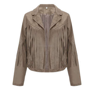 Chaqueta de cuero de ante Beige Vintage para mujer, borla con flecos, estilo vaquero occidental bohemio, solapa de manga larga, viscosa abierta de invierno - Product Image 4