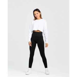 Camiseta Corta Blanca de Manga Larga para Mujer, Cuello Redondo, Tejido de Punto, Color Sólido, Informal, Transpirable, 100% Algodón, Manga Larga, Corte Regular - Product Image 2