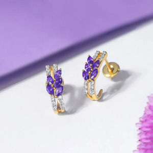 ต่างหูห่วงประดับเพชรรูปใบลาเวนเดอร์พร้อมกรอบประกายสองชั้น - Product Image 5