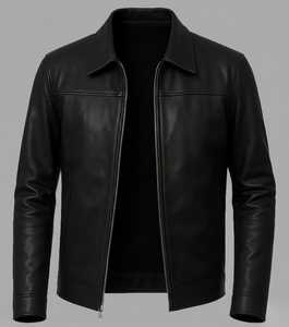 Men's <b>Black</b> Genuine Leather Moto <b>Jacket</b> Turn-down Collar Zipper Closure Regular Fit Autumn Casual - Product Image 4