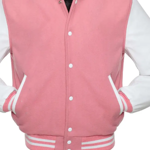 Chaqueta Varsity Rosa Alfa, Lana Melton Gruesa, Mangas de Cuero Genuino, Cintas Bordadas Personalizadas, Lujosa, Resistente al Viento, para Invierno - Product Image 5