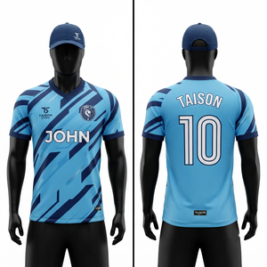 Maillot de football premium 160 GSM en polyester interlock bleu ciel et bleu marine avec design à panneaux, logo personnalisé, OEM - Product Image 1