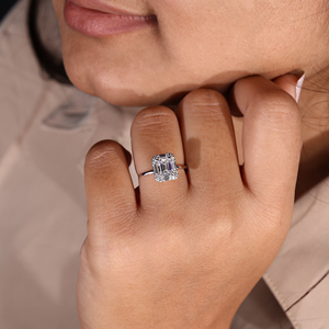 <b>Emerald</b> Cut Moissanite Halo Engagement <b>Ring</b> Art Deco <b>Silver</b> Prong Setting IGI for Certified Bridal <b>Ring</b> for Women - Product Image 5