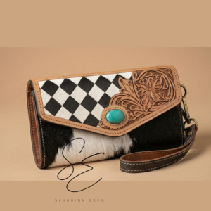 Portefeuille-pochette longue pour femme en cuir à poils, fait main, style western, motif à carreaux, avec dragonne et pierre turquoise - Product Image 4