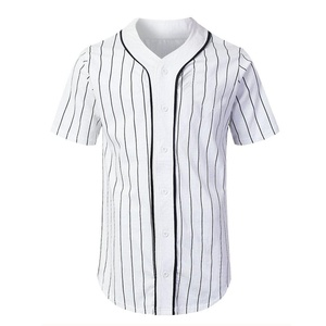 Maillot de baseball unisexe blanc rayé sublimé à manches courtes, col en V, boutons sur le devant, séchage rapide, respirant, polyester, nom d'équipe personnalisé - Product Image 1