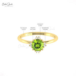 Bague en pierre précieuse péridot de qualité supérieure, 1,1 mm, taille brillant, halo de diamants blancs G-H, bijoux de mariage et de fiançailles pour femmes - Product Image 5