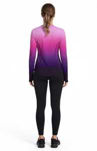 Haut court à manches longues pour femme, col rond, 100 % coton respirant, dégradé violet, impression en relief, style sportif - Product Image 3