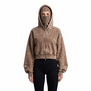Sweat-shirt à capuche en molleton pour femme, marron délavé, coupe courte, avec fermeture éclair, logo personnalisé, streetwear - Product Image 1