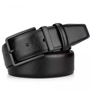 Genuine black leather belt Men's solid black buckle belt Durable cow <b>hide</b> formal belt - Product Image 5