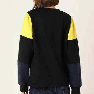 Women Color Blocked Crew Neck Sweatshirt <b>Long</b> Sleeve Knitted Casual <b>Top</b> <b>Black</b> Yellow Navy Autumn Wear - Product Image 5