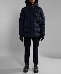 Men's Blue Hooded Long Puffer Jacket Windproof <b>Down</b> Filled Casual Winter Coat with Zipper Closure and Logo on Left Sleeve - Product Image 6