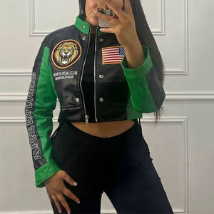 Chaqueta Bomber Corta de Mujer con Logotipo Personalizado, Estilo Varsity, de Punto con Bordado Chenille y Estampado de Cuero, para Otoño - Product Image 1