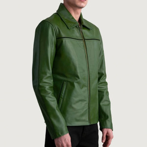 Blouson aviateur en cuir véritable vert, manches longues, col rabattu, fermeture éclair, veste d'automne pour homme - Product Image 2