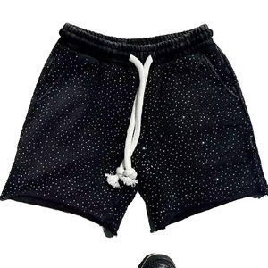 Short with Rhinestones Acid Wash and Distressed Embroidery Printed Custom Summer Rhinestone <b>Applique</b> Streetwear Shorts Men - Product Image 3