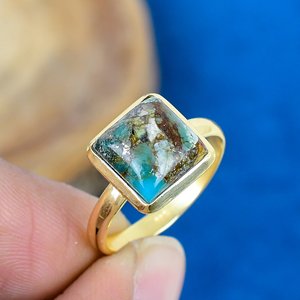 Bagues en pierres précieuses de turquoise naturelle de forme carrée, plaquées or 18 carats sur argent sterling 925 - Product Image 1