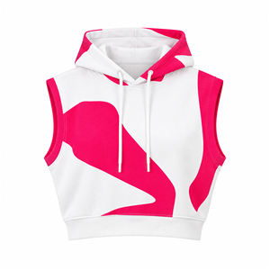 Womens <b>Pink</b> White Sleeveless <b>Cropped</b> Hoodie Abstract Print Hooded Tank <b>Top</b> with Drawstring Casual Sporty Streetwear Wholesale - Product Image 2