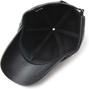 Casquette de baseball en cuir PU noir, 6 panneaux, réglable, unisexe, décontractée, couleur unie, logo sur le pan droit - Product Image 3