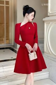 Elegante Vestido Rojo de Manga Larga con Cuello Recortado para Mujer, Vestido Midi Ajustado, Estilo Coreano Chic - Product Image 3