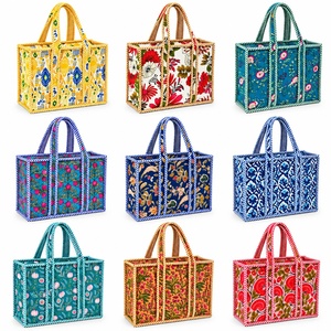Bohemian Canvas Tote <b>Bag</b> Panelled Floral Pattern Blue <b>White</b> Stripe Trim Water Resistant Open Top Shopping <b>Bag</b> All Seasons - Product Image 4